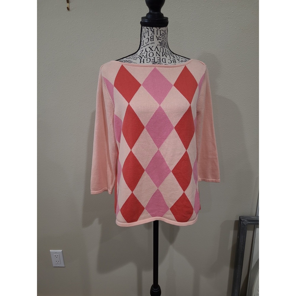Valerie Stevens 100% Cotton fine knit boat neck pink red 3/4 sleeve sweater L